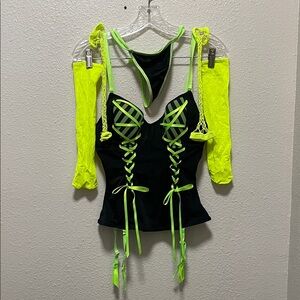 Morbid Threads Neon Lime and Black Lace-Up Crop Top Set